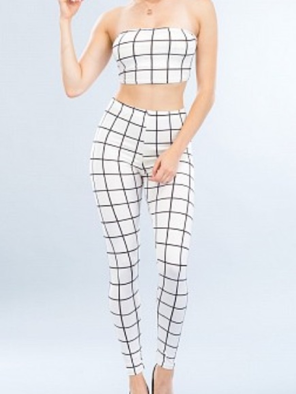 White Grid Cropped Tube Top and High-Waist Leggings Set - Women